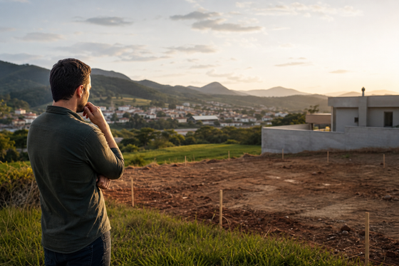 Checklist de compra de terreno impresso em prancheta, preenchido à mão durante a visita a um terreno em Ituporanga